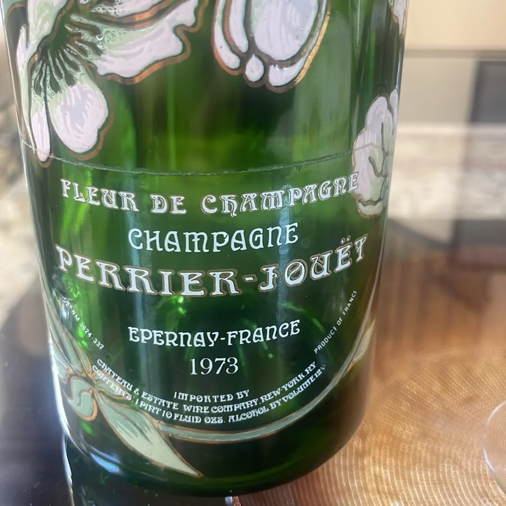 Perrier-Jouët Empty Champagne Bottle with Hand Painted Floral Glasses
